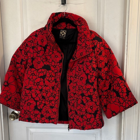 silk culture Jackets & Blazers - Red and Black Silk Puffer Floral Jacket